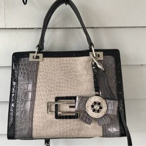 Guess Black and Cream Croc-Embossed Shoulder Bag